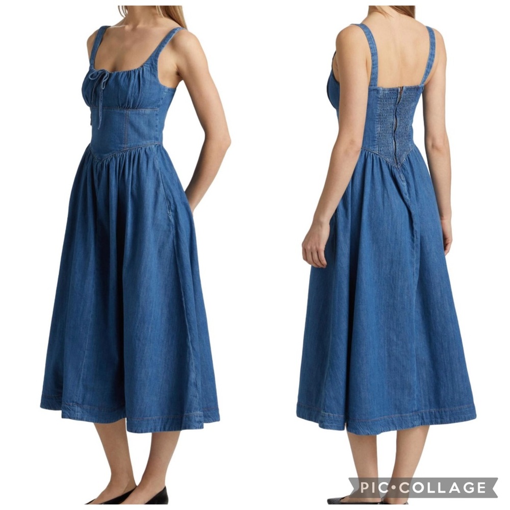NWT Reformation Balia Basque Waist Sweetheart Denim Midi Dress w Pockets Size 8